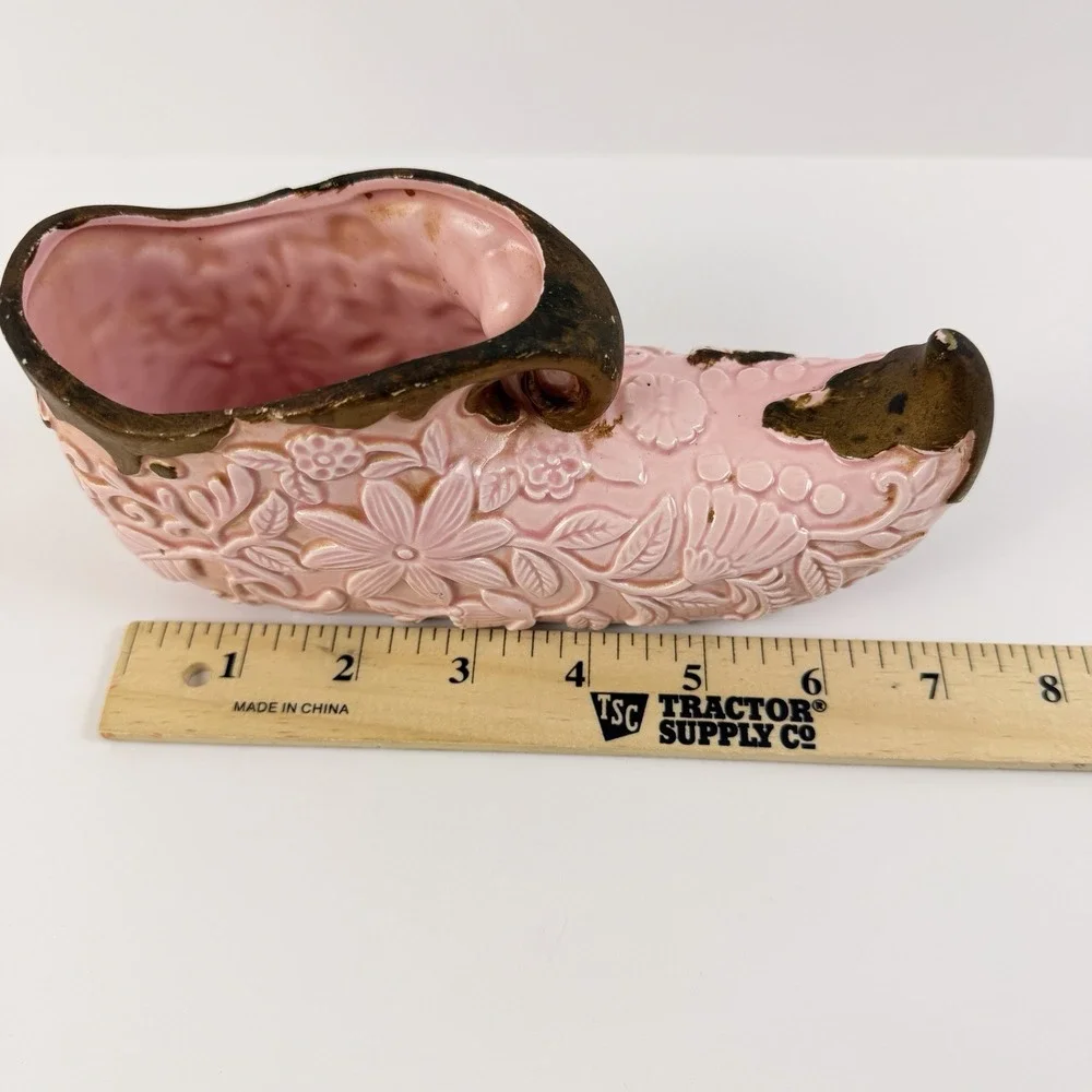 Vintage UCAGCO Pink Cornucopia Vase Planter Embossed Floral‎ Mid Century Japan